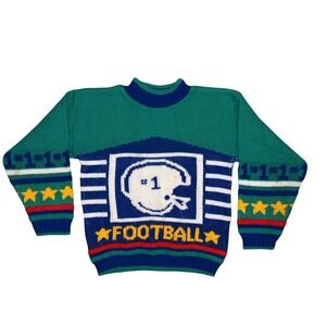 Vintage Electric Kids Football Sweater Size 5 Green Blue Knit Pullover USA Made
